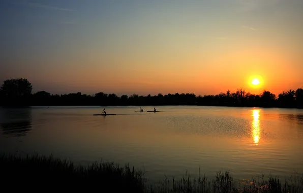 Sunset, kayaks, Pagaiando
