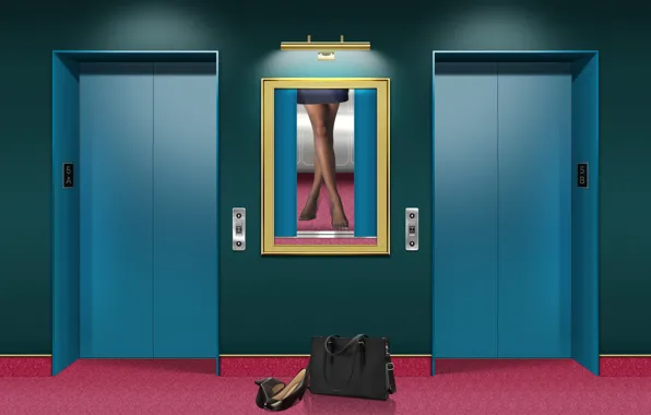 Bag, pantyhose, carpet, elevator, lift, pumps heels