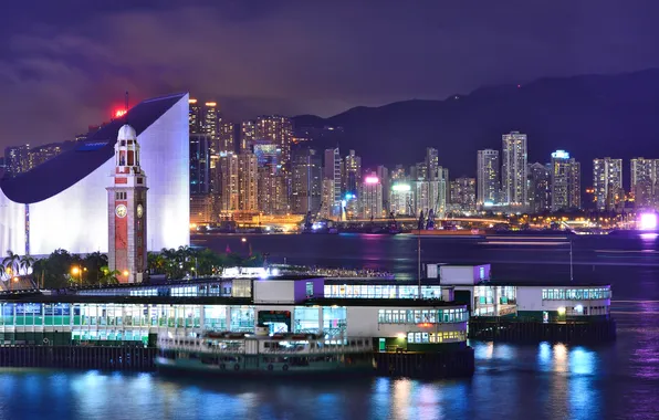 The sky, clouds, mountains, night, the city, lights, hills, watch