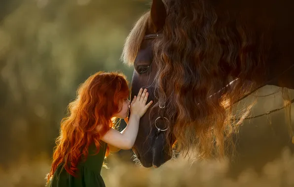 Picture face, mood, horse, horse, kiss, mane, girl, red