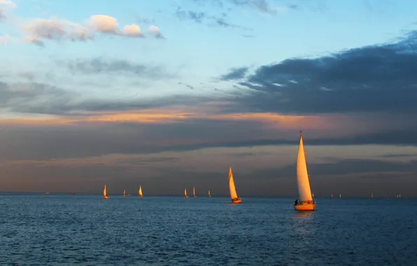 Picture the sky, clouds, sunset, lake, boat, the evening, yacht, sail