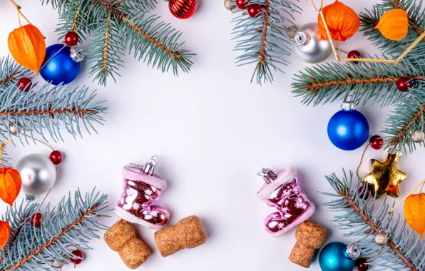 Balls, branches, Christmas, white background, New year, tube, boots, needles