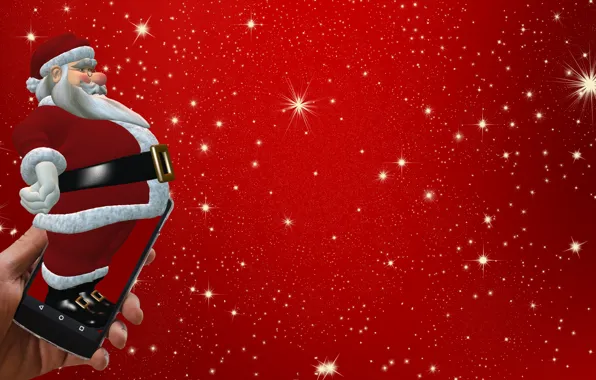Hand, stars, Christmas, New year, Santa Claus, red background, smartphone