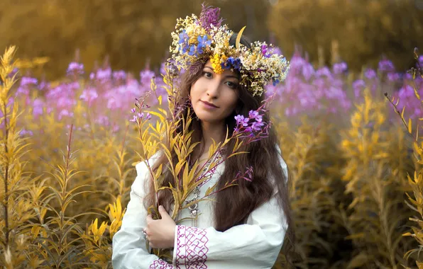 Field, summer, look, girl, flowers, nature, face, pose