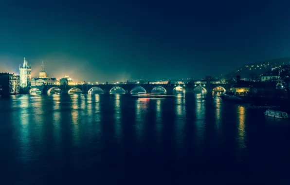 Night, bridge, lights, river, Prague, Czech Republic