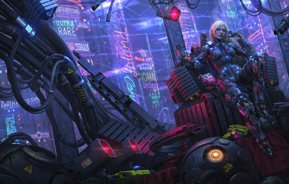 Picture girl, night, the city, fiction, art, blonde, sign, cyborg