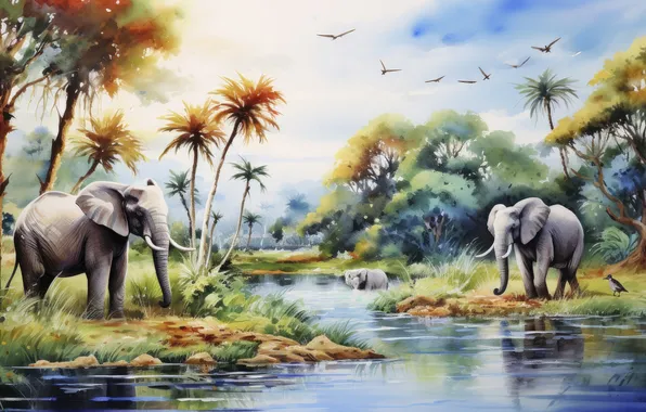 Birds, nature, tropics, palm trees, shore, elephant, watercolor, painting