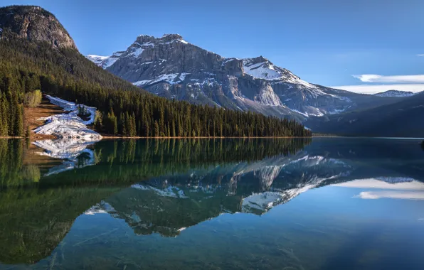 Picture forest, mountains, lake, reflection, blue, rocks, shore, tops