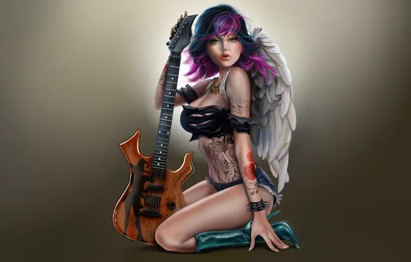 Girl, guitar, wings, modern, angel, tattoo, art, hairstyle