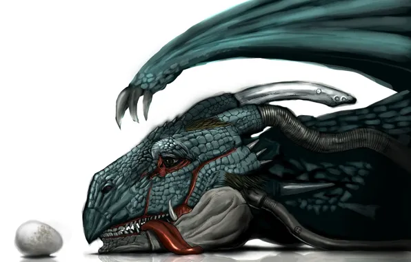 Picture face, dragon, egg, mouth, claws, fangs, horns, art