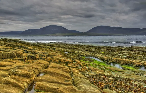 Autumn, the sky, grass, mountains, clouds, lake, stones, rocks