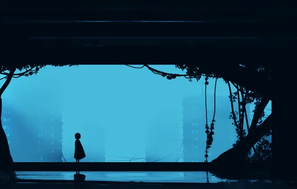 Fog, home, girl, ruins, postapokalipsis, by Gracile