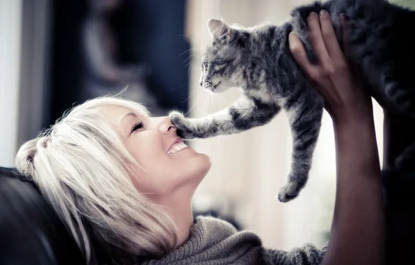 Picture cat, girl, smile, laughter, Blondie