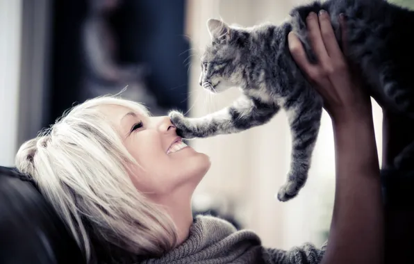 Cat, girl, smile, laughter, Blondie