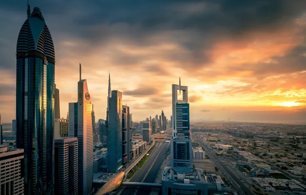 Picture the sun, sunset, the city, the evening, Dubai, UAE