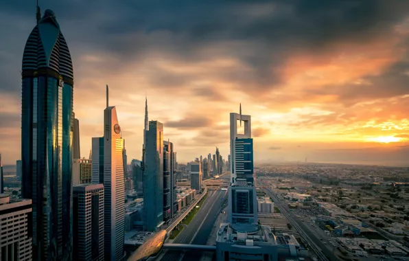 The sun, sunset, the city, the evening, Dubai, UAE