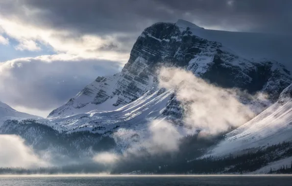 Picture clouds, snow, mountains, fog, lake, river, mountain