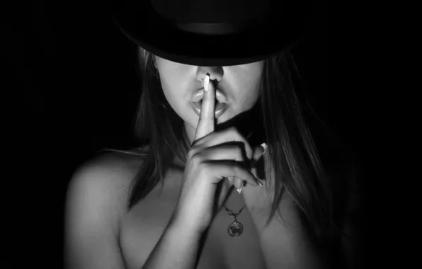 White, hat, model, lips, finger, blakc