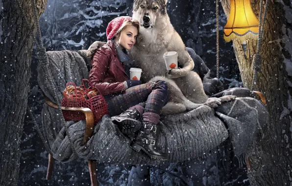 Picture winter, forest, snow, swing, lamp, wolf, coffee, little red riding hood