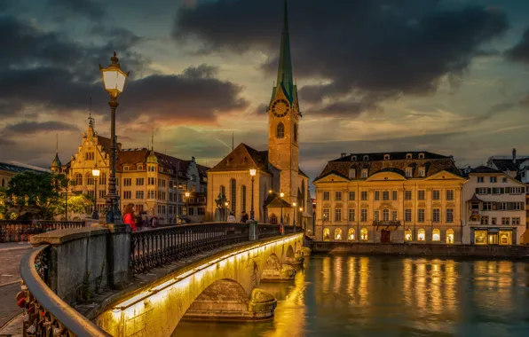 Picture clouds, bridge, the city, river, building, tower, home, the evening