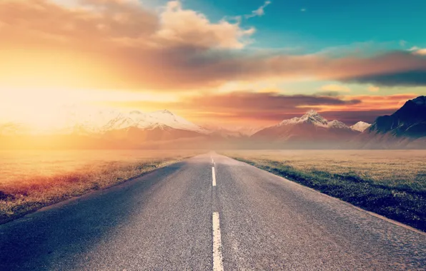 Picture road, the sky, the sun, mountains