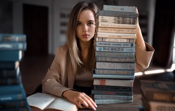 Look, pose, model, books, portrait, makeup, hairstyle, brown hair