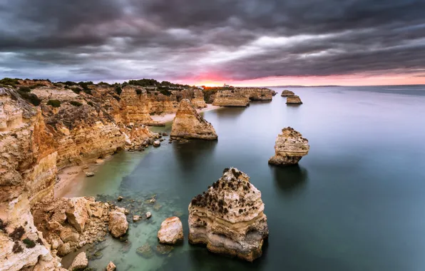 Picture rock, sunrise, dawn, algarve, atlantic ocean, portuga