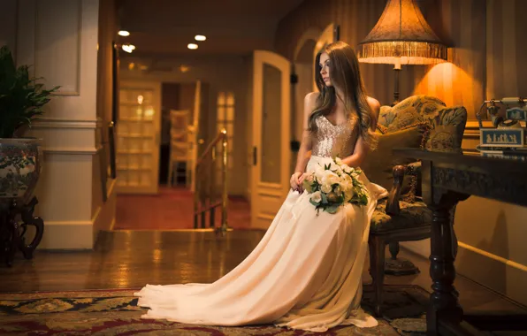 Girl, flowers, pose, hair, bouquet, train, dress, beautiful