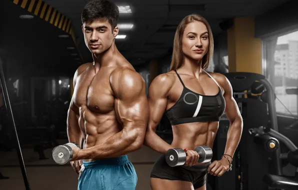 Woman, men, fitness, bodybuilders