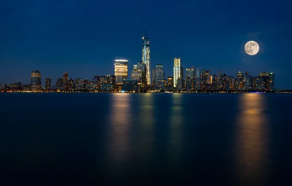 Night, the city, lights, blue, the moon, shore, building, tower