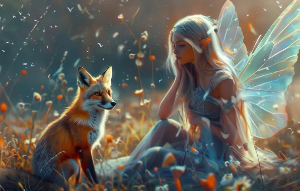 Girl, light, glade, wings, fantasy, blonde, Fox, elf