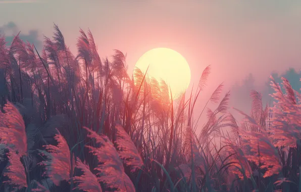 The sun, light, branches, nature, fog, the reeds, sunrise, dawn