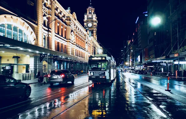 Road, machine, night, lights, street, rails, home, Australia