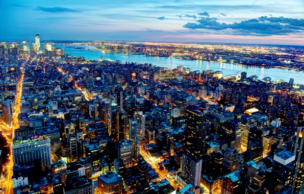 Picture the city, lights, river, skyscrapers, the evening, New York