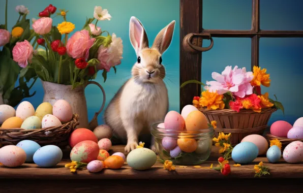 Look, light, flowers, holiday, hare, eggs, spring, rabbit
