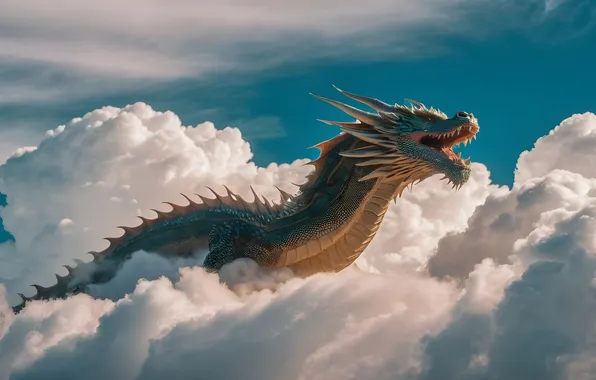 The sky, clouds, flight, blue, dragon, fantasy, snakes, AI art