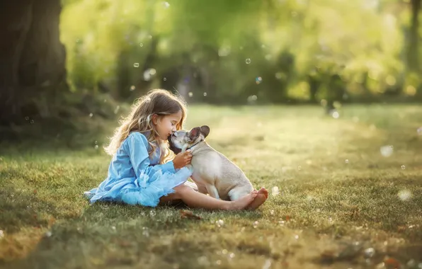Picture summer, nature, kiss, dog, dress, girl, lawn, child