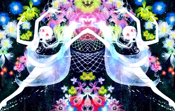Girl, flowers, abstraction, anime, art, vocaloid, hatsune miku, albino