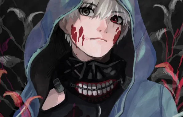 Picture blood, mask, hood, guy, anime, art, Tokyo ghoul, Tokyo Ghoul
