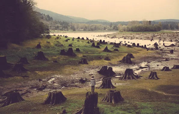 The sky, lake, stream, hills, people, valley, stumps