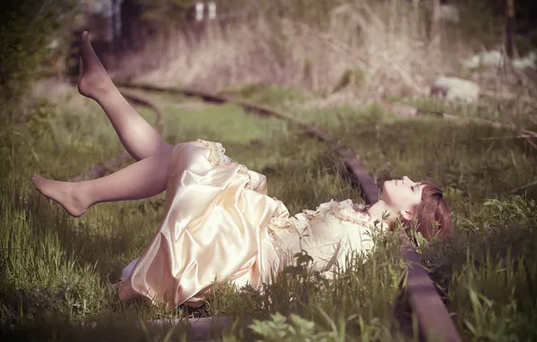 Girl, mood, railroad