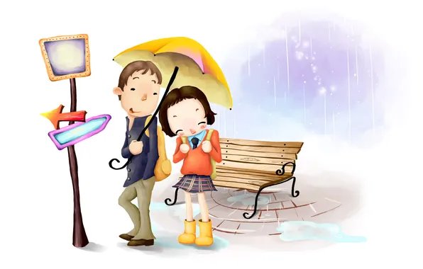 The rain, girl, bench, smile, figure, umbrella, index, guy