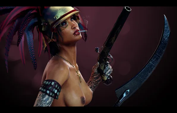 Chest, girl, blade, cigarette, helmet, musket