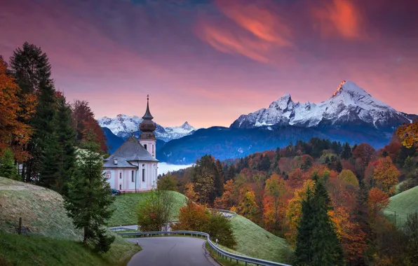 Road, autumn, trees, sunset, Germany, Bayern, Church, Germany