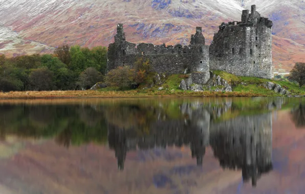 Picture trees, mountains, lake, reflection, castle, the ruins
