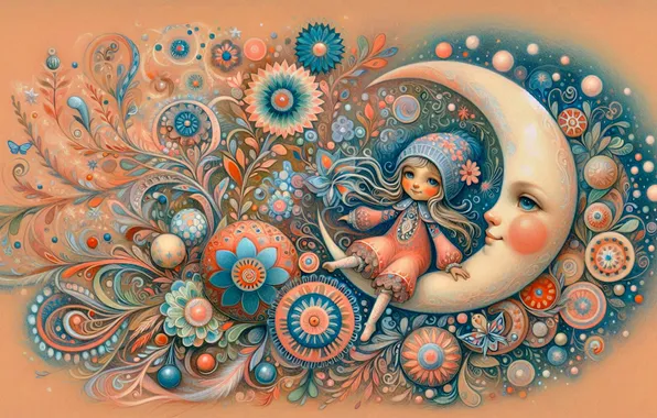Flowers, patterns, the moon, heaven, tale, a month, girl, ornament