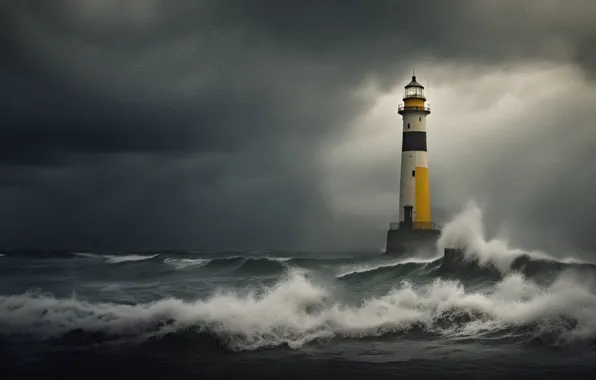 Picture sea, wave, shore, lighthouse, AI art, neural network