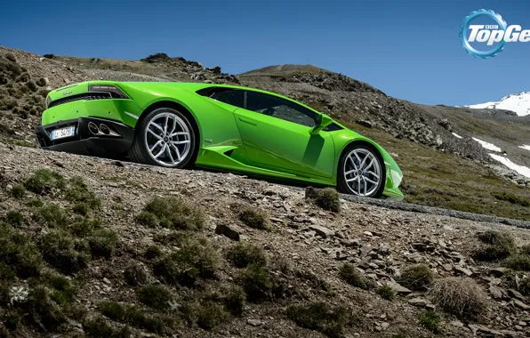 Picture Lamborghini, Top Gear, Green, Supercar, Rear, Huracan, LP610-4, Mountain Road