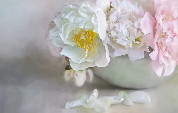 Flowers, bouquet, bowl, petals, art, pink, white, still life