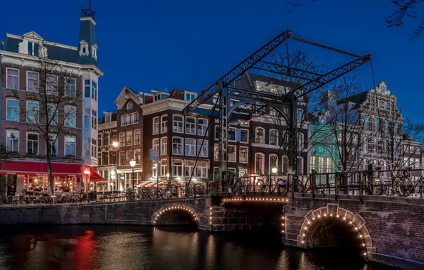 Night, bridge, lights, home, Amsterdam, channel, Netherlands